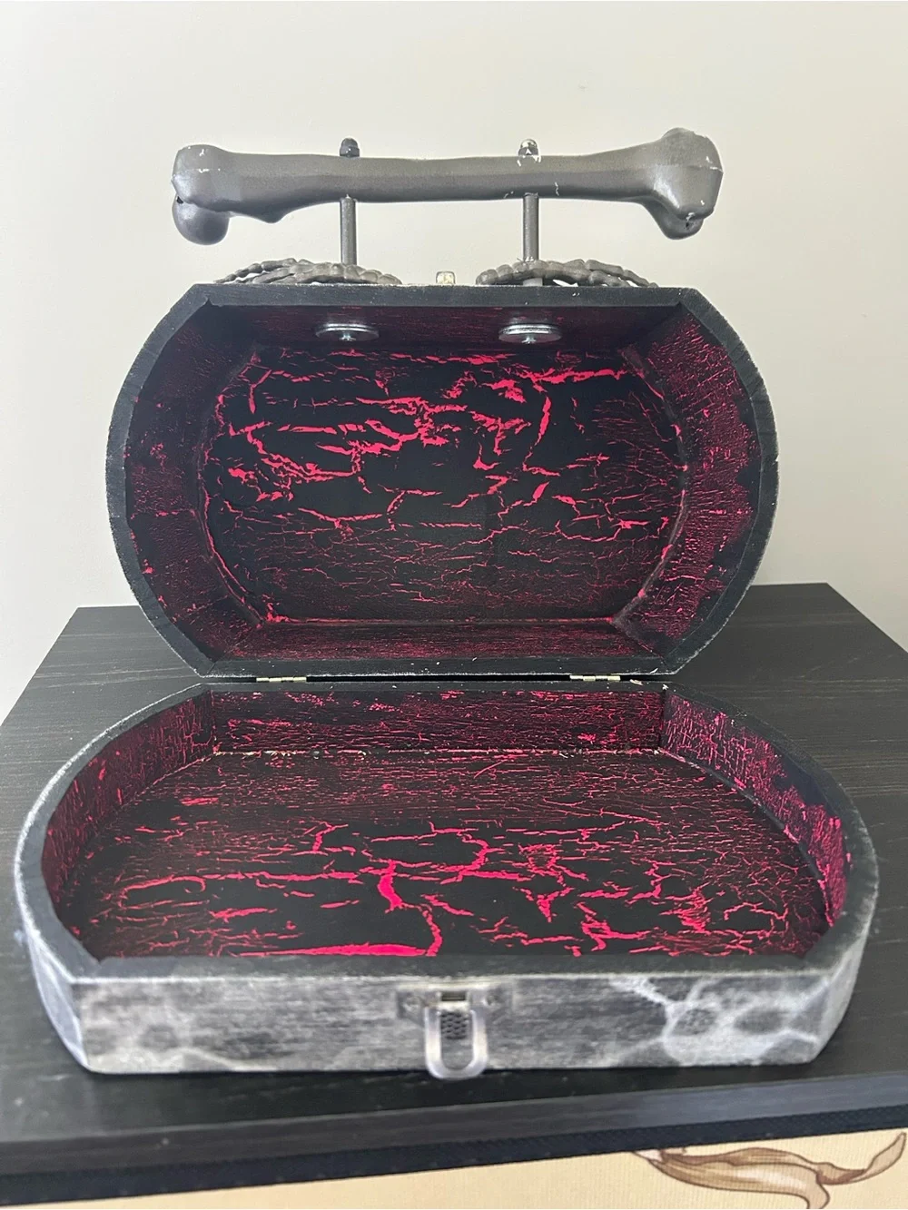 Hand-Painted Black Skull & Rose Evening Clutch with Pink and Red Accents